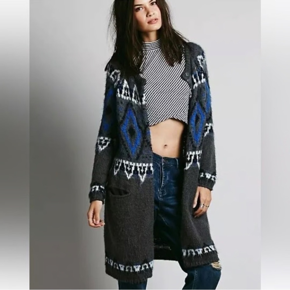 Like New Free People Frosted Fair Isle Mohair Wool Blend Cardigan Sweater Duster